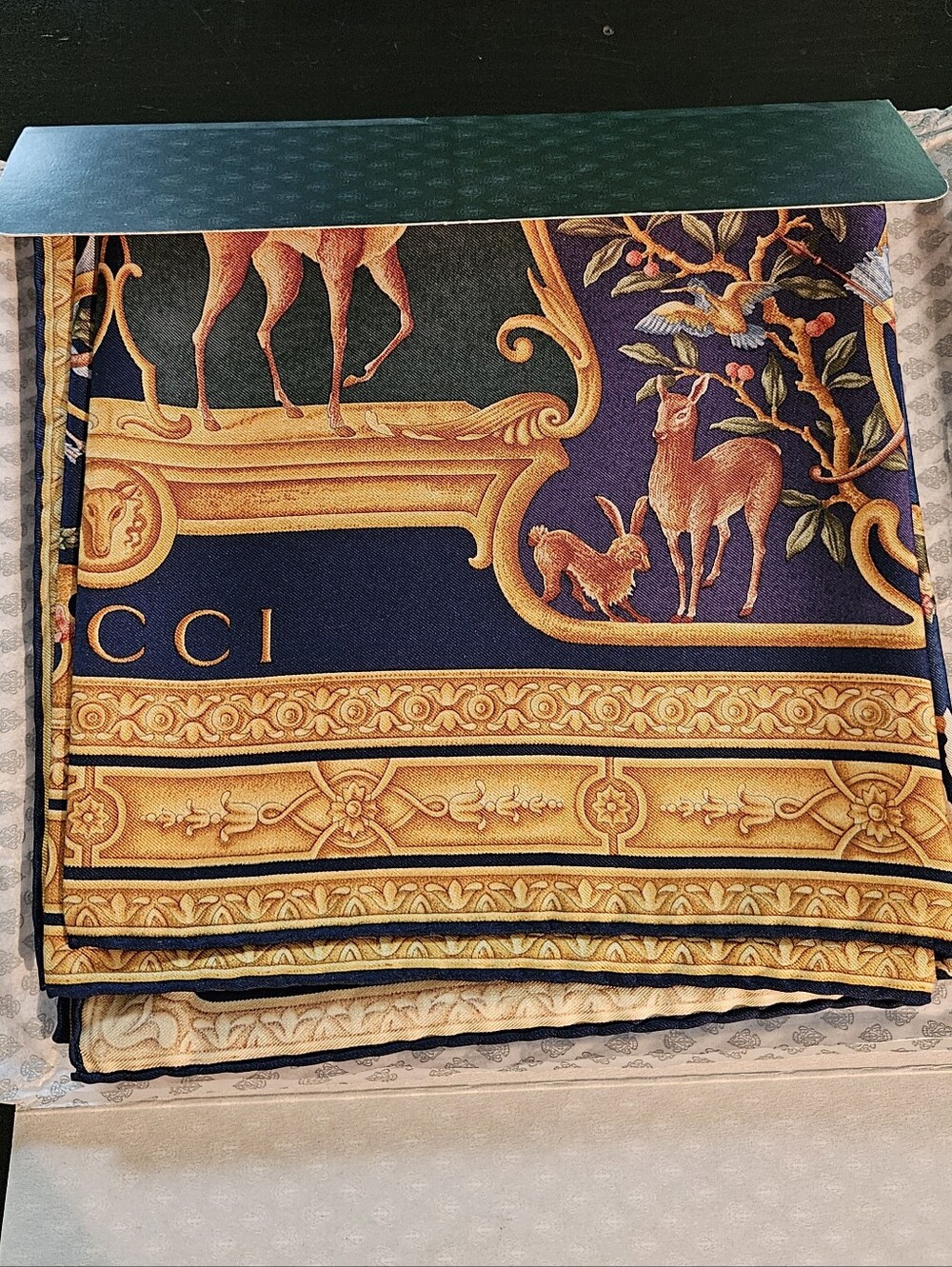 Vintage Gucci Navy & Gold Baroque Animal Motif Silk Scarf